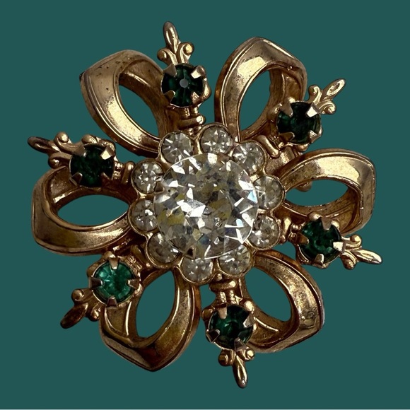 Vintage Brooch Gold Tone Rhinestones Sunburst Starburst MCM Mid-Century Modern - Picture 1 of 8